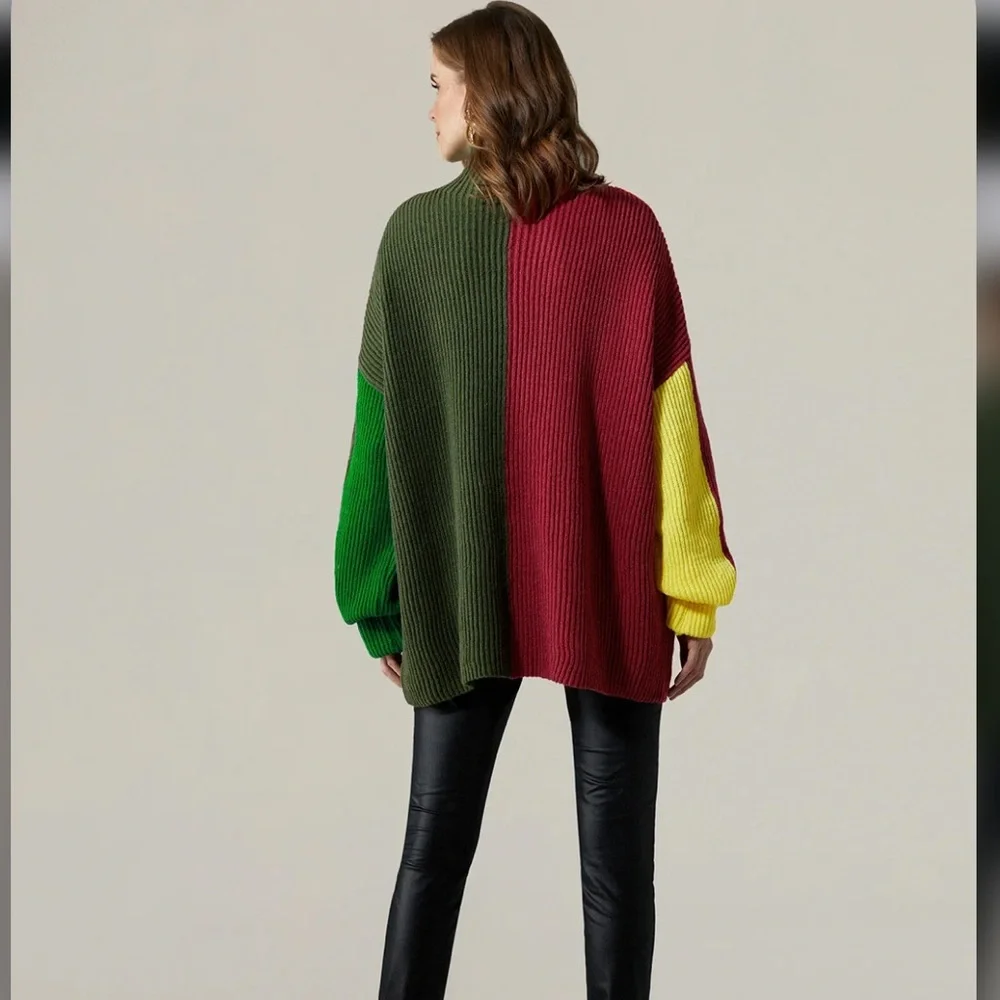 Color Block Turtleneck Urban Long Sleeve Sweater - Picture 2 of 13